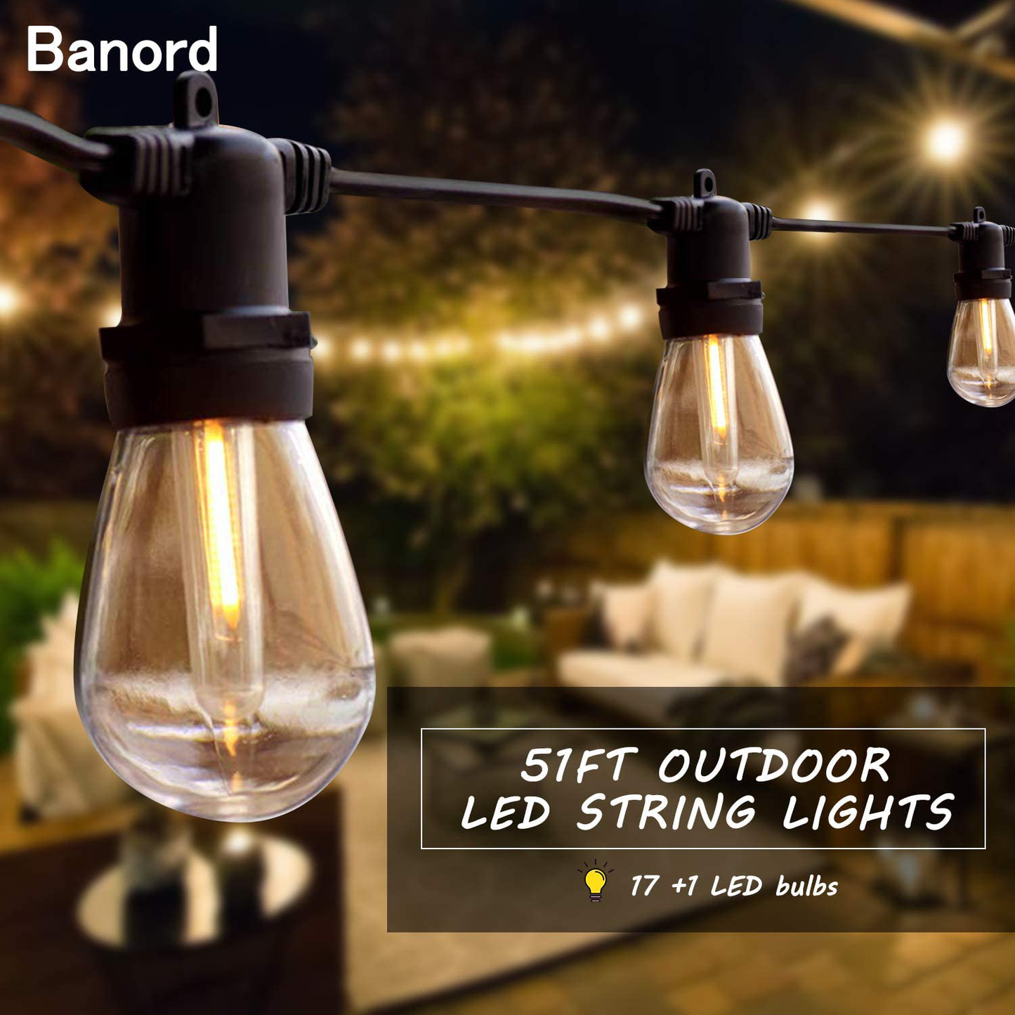 Banord 51FT Outdoor Shatterproof LED String Lights, Waterproof 17 Hanging Sockets with 18 x Dimmable LED Bulb Garden Light String, Waterproof Vintage Patio Lights for Wedding Party