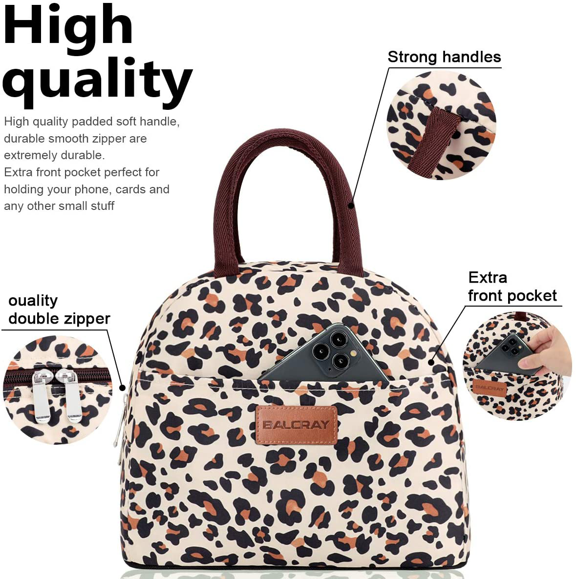 BALORAY Lunch Bag Tote Bag Lunch Bag for Women Lunch Box Insulated Lunch Container (Beige with leopard)