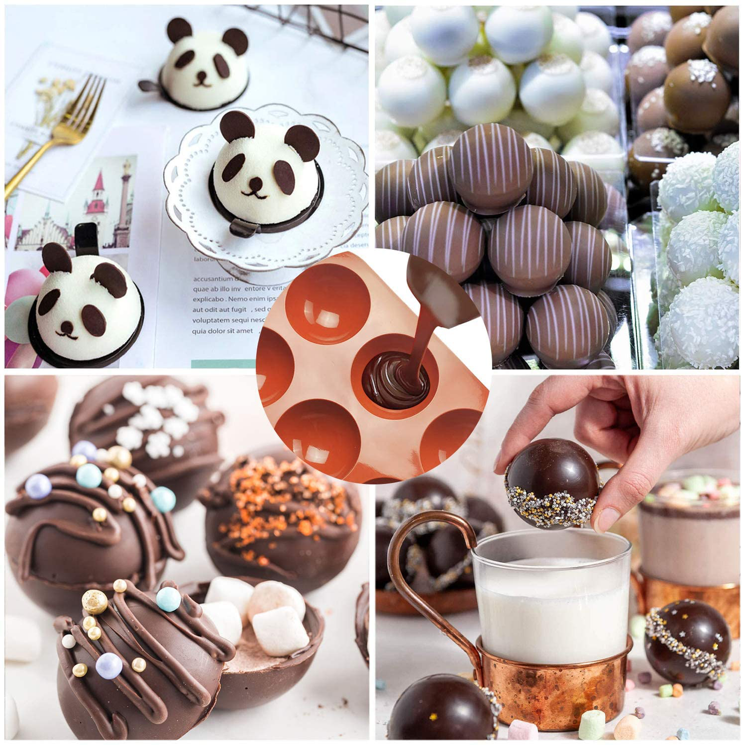 Silicone Molds, Chocolate Molds with 6 Semi Sphere Jelly Holes, 4 Pack Hot Cocoa Bomb Mold for Making Hot Chocolate Bombs, Half round Jello, Dome Mousse, Cocoa Ball, Coco Bomb (Comes with 2 Droppers)
