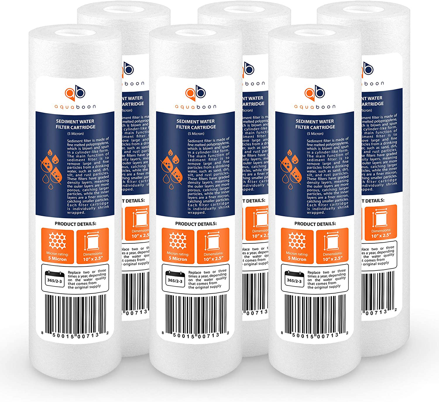 Aquaboon 6-Pack of 5 Micron 10" Sediment Water Filter Replacement Cartridge for Any Standard RO Unit | Whole House Sediment Filtration | Compatible with DuPont WFPFC5002, Pentek DGD series, RFC