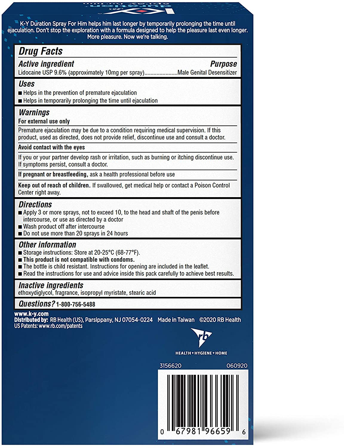 Duration Spray for Men, K-Y Male Genital Desensitizer Numbing Spray to Last Longer, 0.16 Fl Oz, 36 Sprays, Made with Lidocaine to Help Men Last Longer in Bed