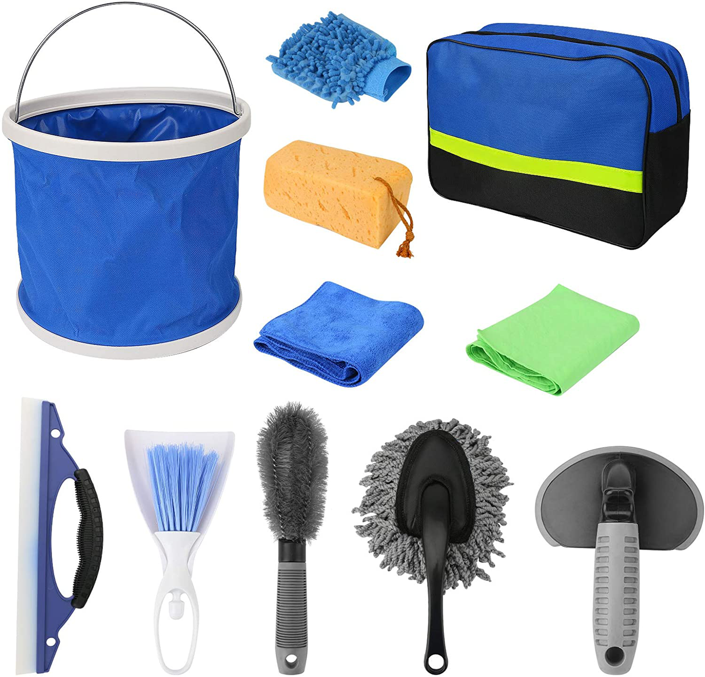 11pcs Car Cleaning Kit, Car Wash Kit for Interior and Exterior Cleaning with Canvas Bag Tire Brush Wash Sponge Duster Window Water Scraper Collapsible Bucket Wash Cloths Deer Towel Wash Glove