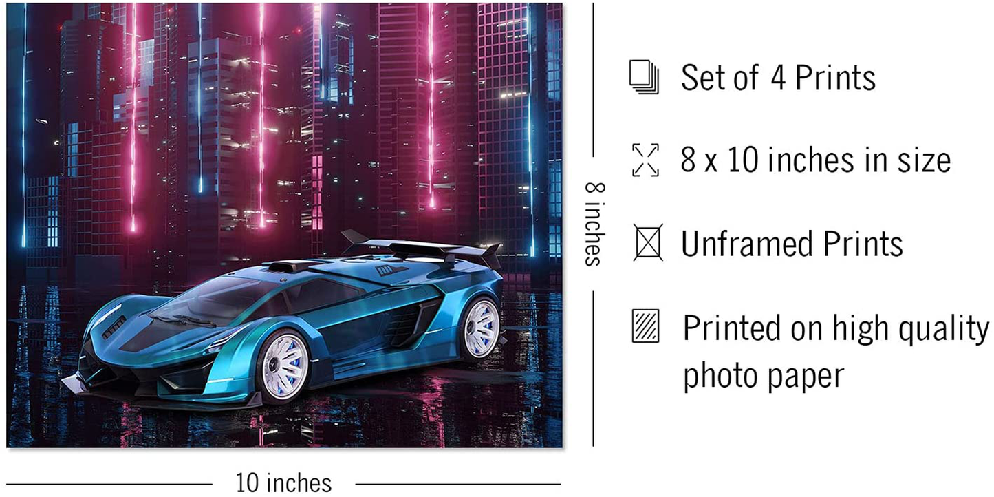 Car Wall Art, Car Poster, Car Posters for Boys Room - Set of 4 (10"x8") Car Wall Decor, Car Decor for Boys Room, Kids Room Decor For Boys - UNFRAMED Boys Room Wall Decor - Cyber City Theme