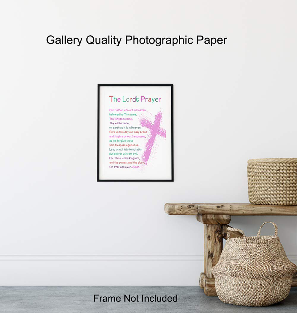 Lords Prayer Bible Verse Wall Art - Religious Scripture Girls Bedroom Decor - Christian Daughter Gifts for Toddler, Baby Girls Room - Blessed Church Sunday School Kids Decorations - Pink Cross Poster