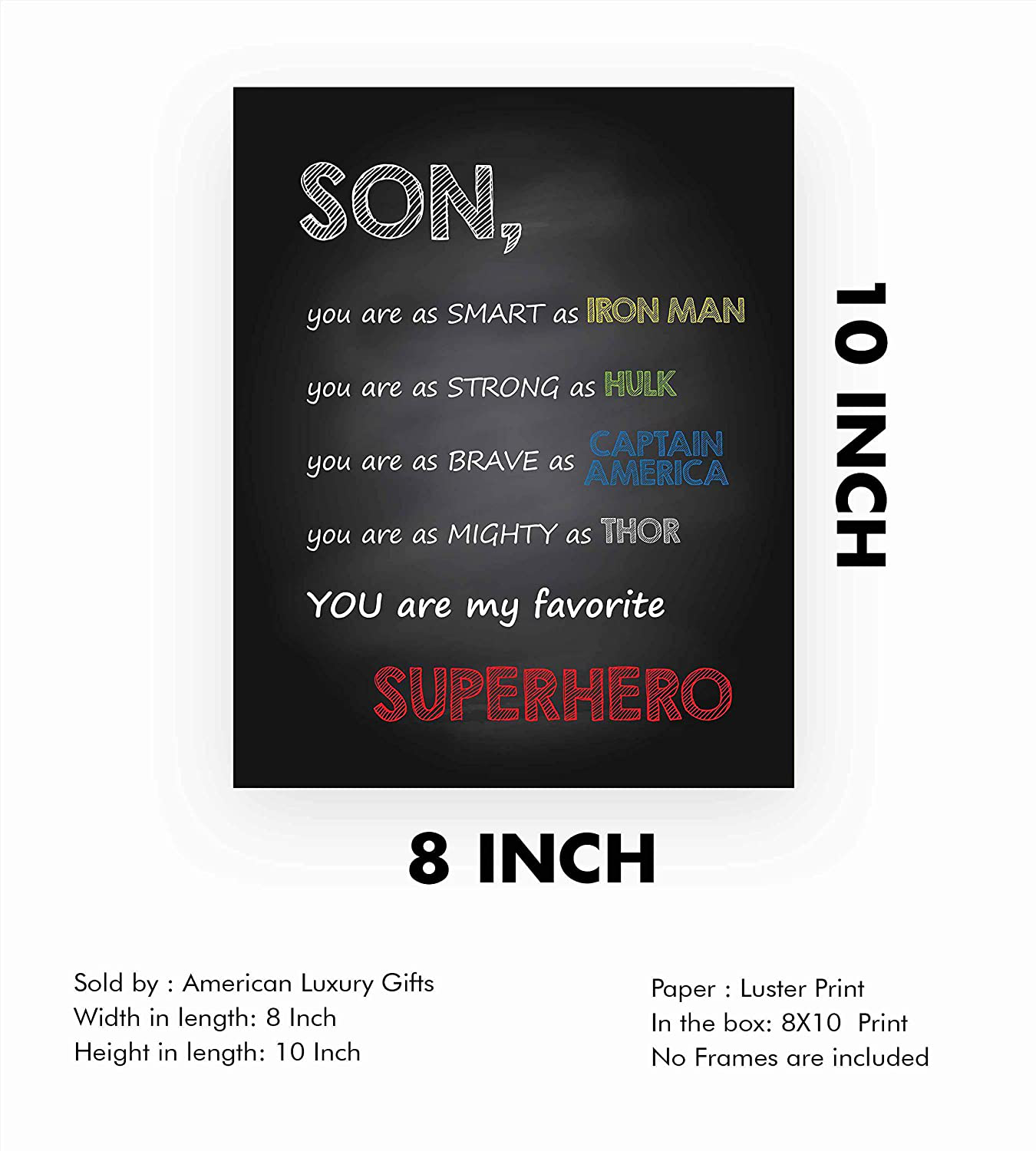 "Son-You Are My Favorite Superhero" Inspirational Wall Art Sign -8 x 10" Artistic Typographic Poster Print-Ready to Frame. Perfect Home-Kids Bedroom-Nursery Decor. Great Decoration for Marvel Fans!