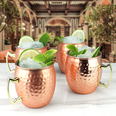 PG Moscow Mule Mugs | Large Size 19 Ounces | Set of 4 Hammered Cups | Stainless Steel Lining | Pure Copper Plating | Gold Brass Handles | 3.7 Inches Diameter X 4 Inches Tall