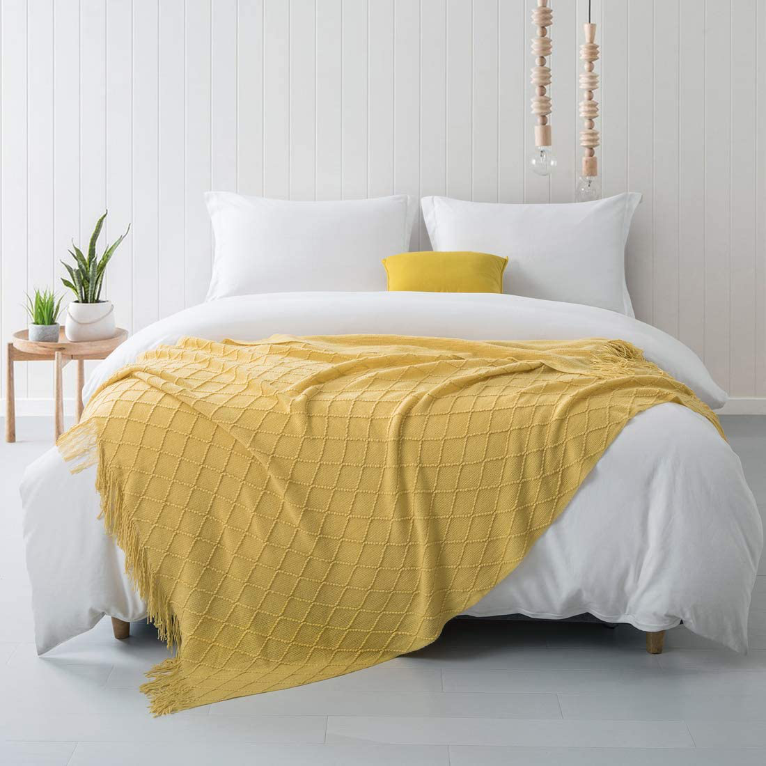 Revdomfly Mustard Yellow Throw Blanket with Fringe Decorative Farmhouse Knitted Throw Blanket for Sofa Couch Bed, 50" x 67", Yellow