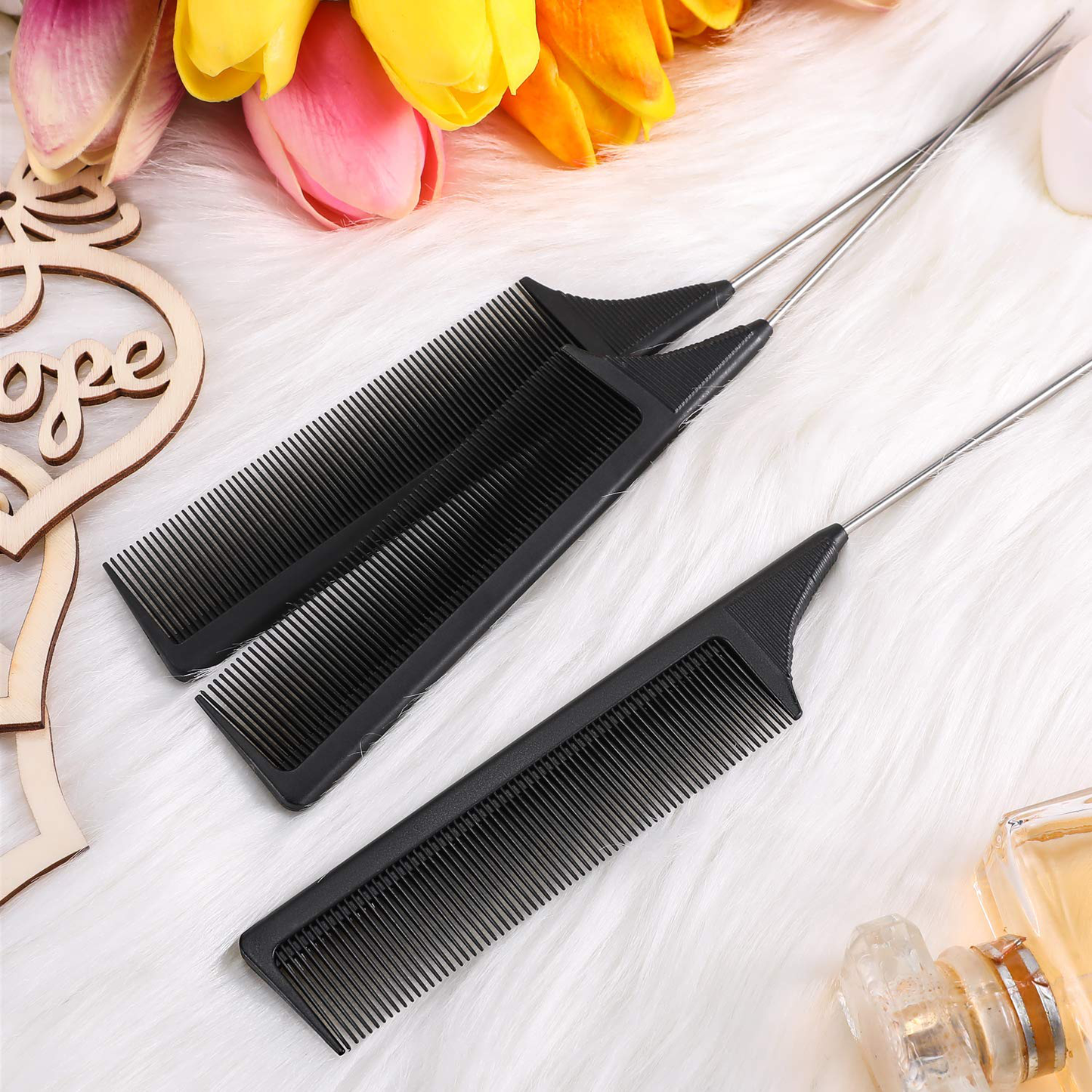 3 Packs Rat Tail Comb Steel Pin Rat Tail Carbon Fiber Heat Resistant Teasing Combs with Stainless Steel Pintail