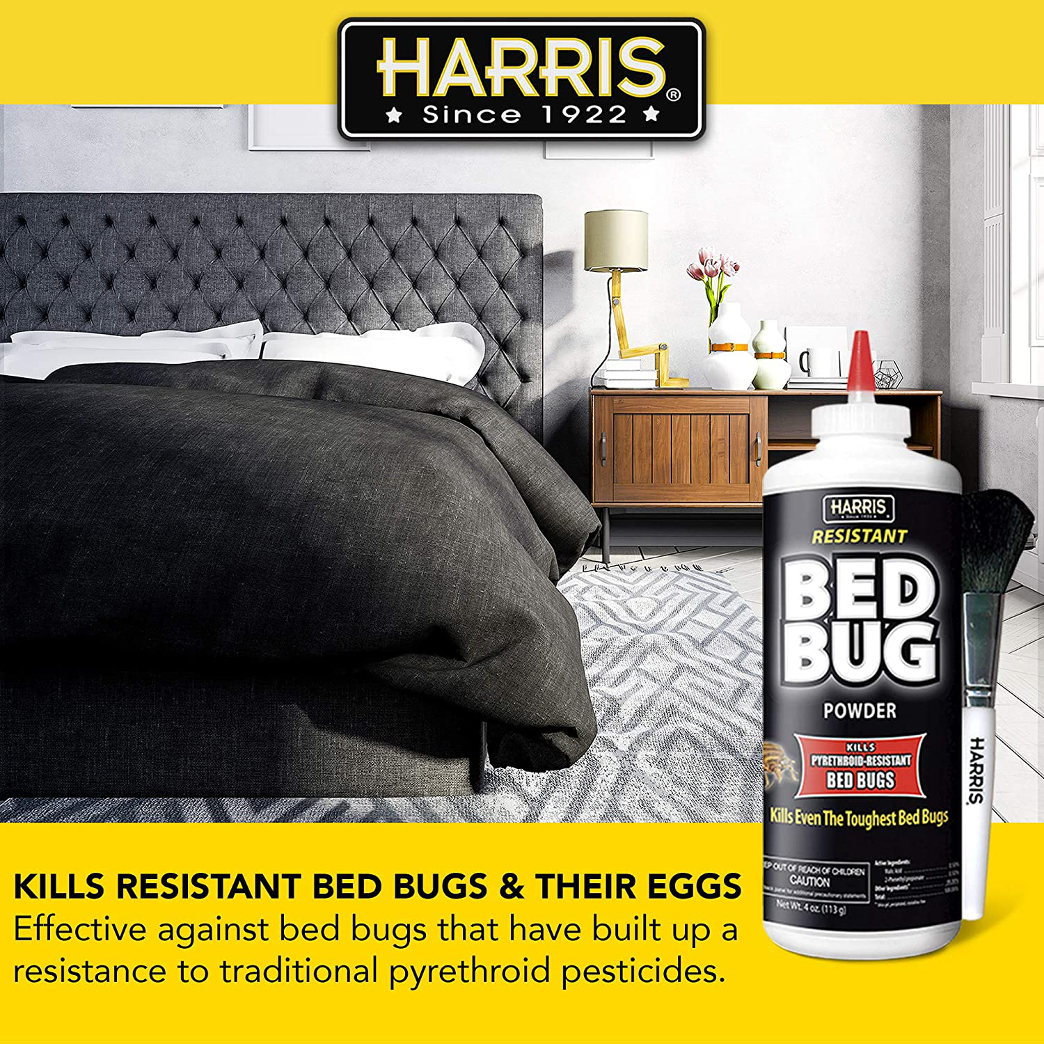 HARRIS Bed Bug Killer Powder, 4oz with Application Brush