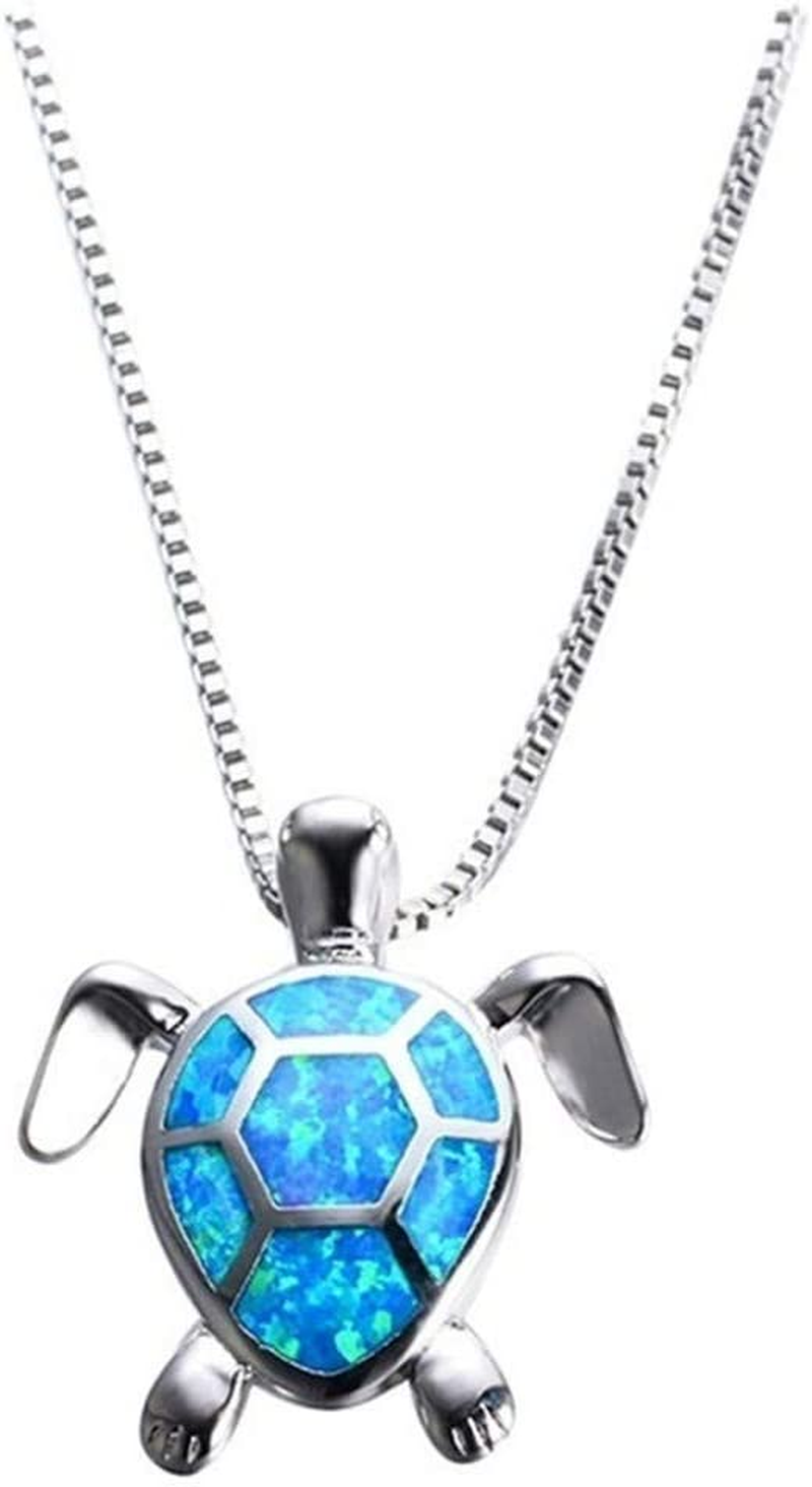Cute Turtle Pendant Necklace Lovely Animals White Created Fire Opal Silver Chain Necklace Jewellery Gifts (Blue)