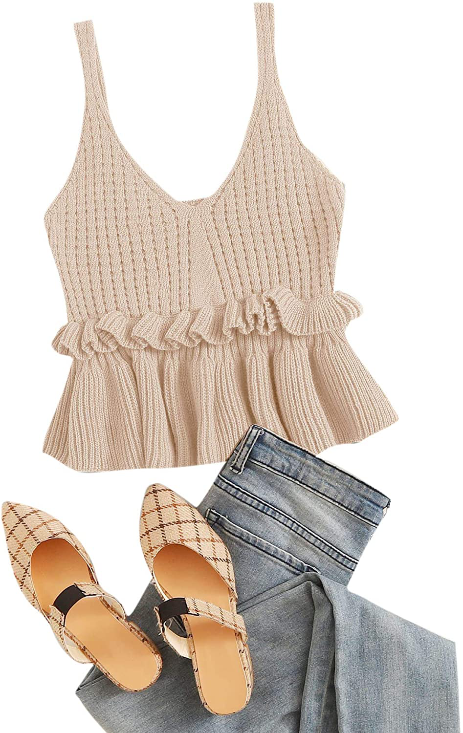 SweatyRocks Women's Casual Knit Top Sleeveless Ruffle Hem V Neck Peplum Crop Tank Top