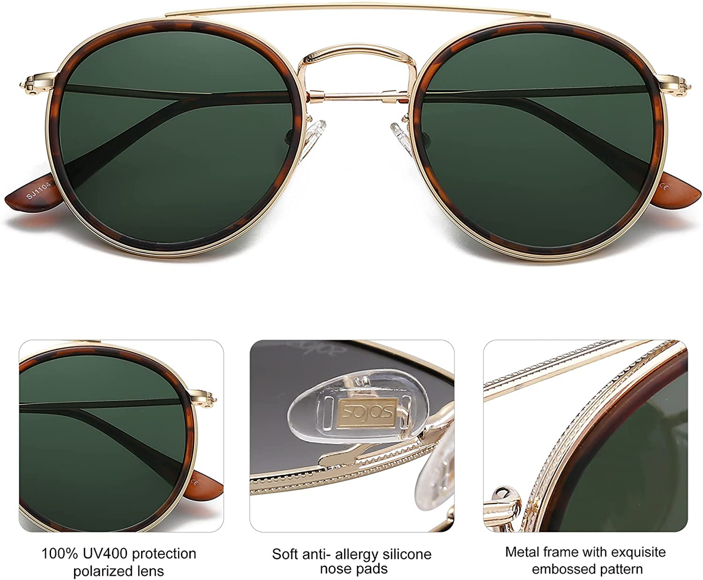 SOJOS Retro round Polarized Sunglasses UV400 Double Bridge Sun Glasses SUNSET SJ1104