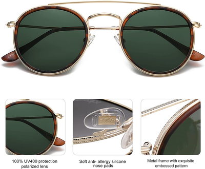 SOJOS Retro round Polarized Sunglasses UV400 Double Bridge Sun Glasses SUNSET SJ1104
