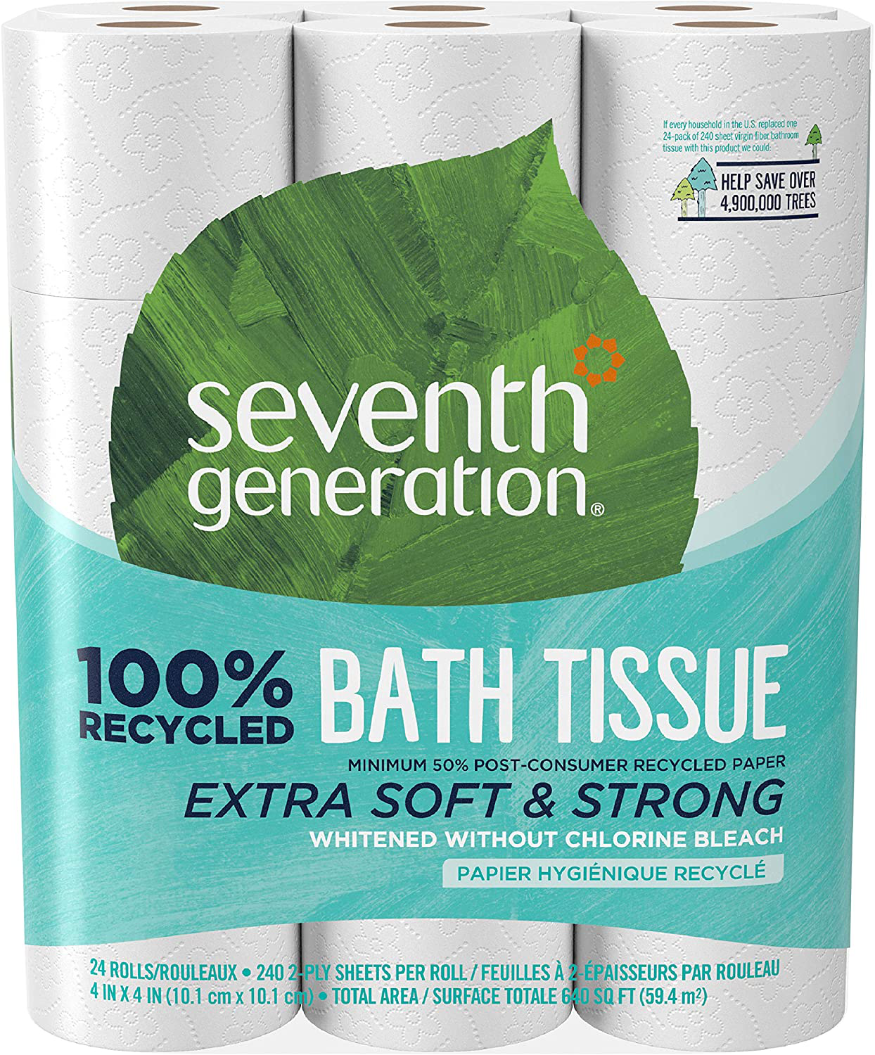 Seventh Generation White Toilet Paper 2-Ply 100% Recycled Paper, 24 Count of 240 Sheets Per Roll, Pack of 2