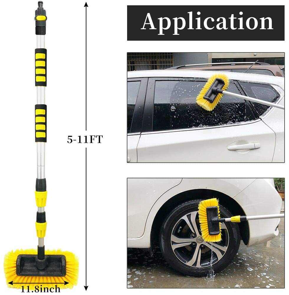 Buyplus Car Wash Brush with Long Handle - 12 Foot Telescopic Flow Through Car Washing Brush with Hose Attachment, Soft Bristle Head for RV, Trucks, No Scratch Dip Car Cleaning Water Brush