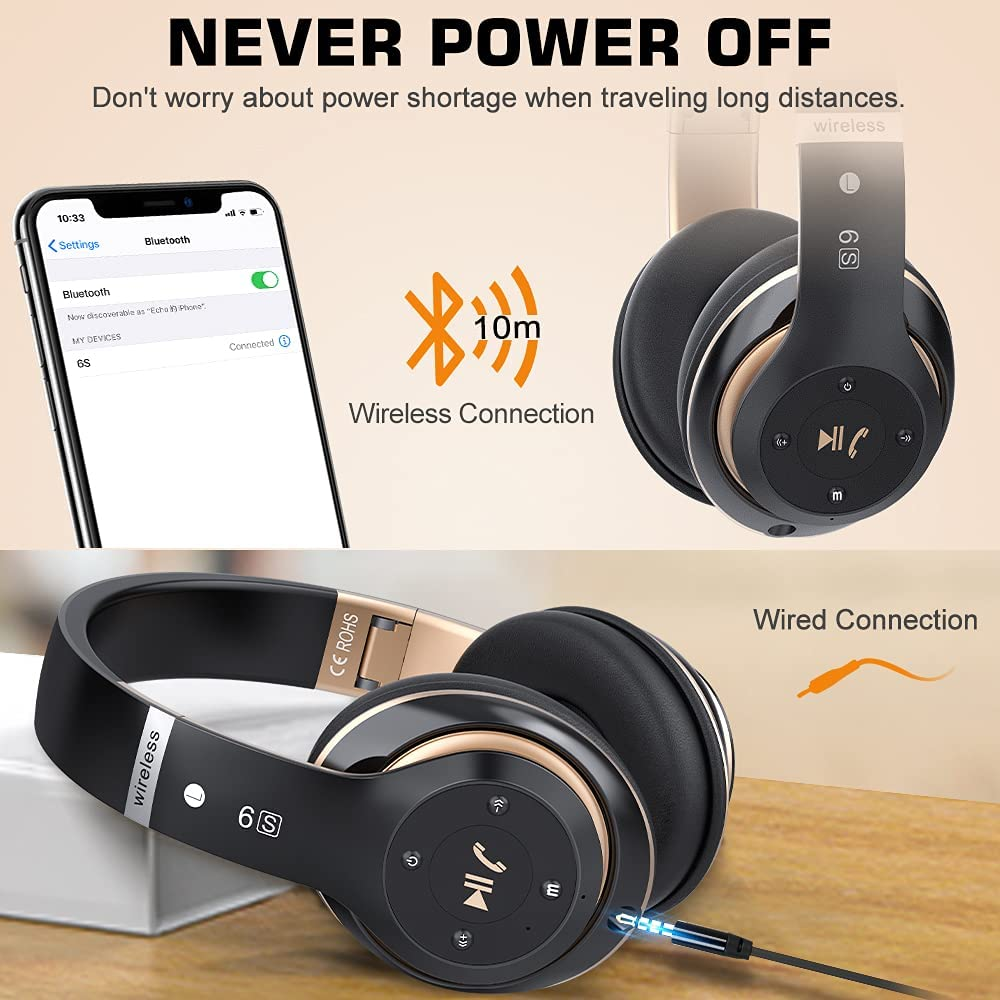 6S Wireless Bluetooth Headphones over Ear, Hi-Fi Stereo Foldable Wireless Stereo Headsets Earbuds with Built-In Mic, Volume Control, FM for Phone/Pc (Black & Gold)