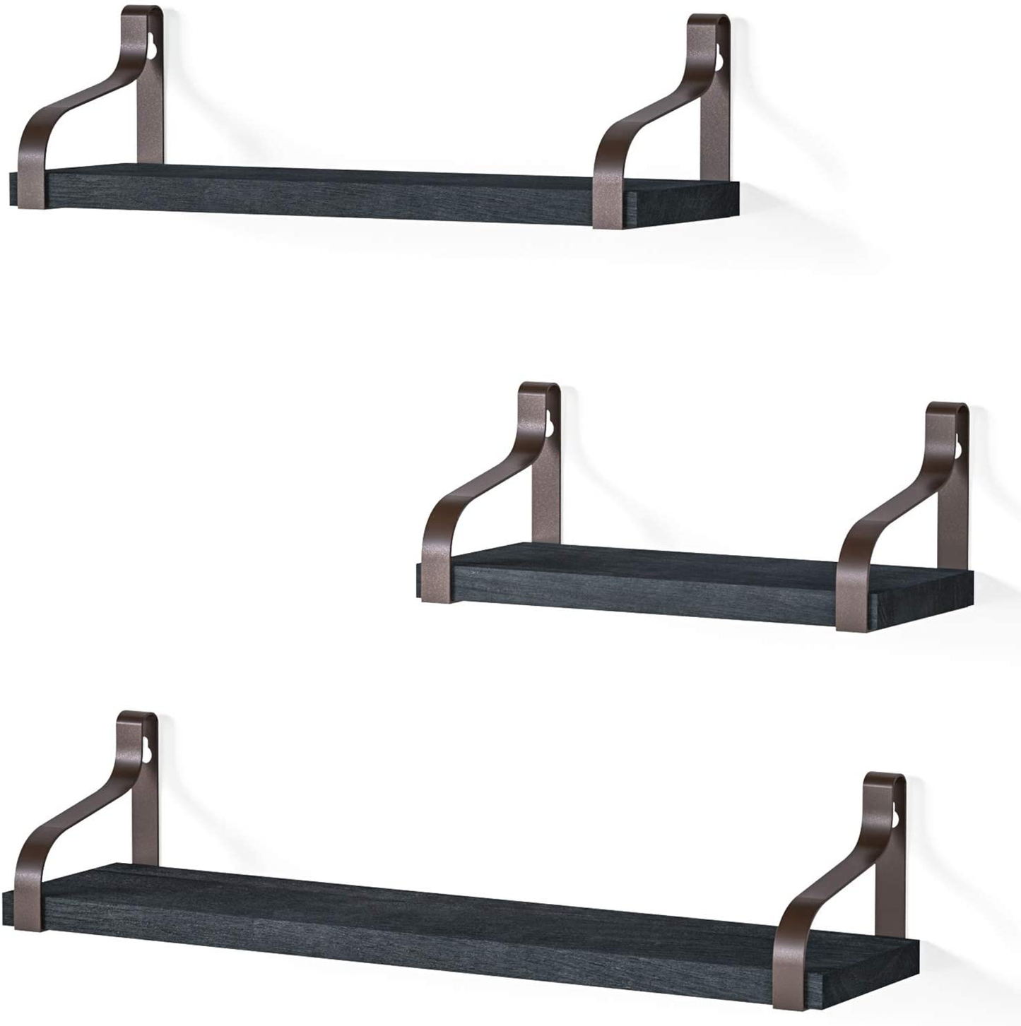 Love-KANKEI Floating Shelves Wall Mounted Rustic Wood Wall Shelves Set of 3 for Bedroom Living Room Bathroom Kitchen Black/Brown Brackets