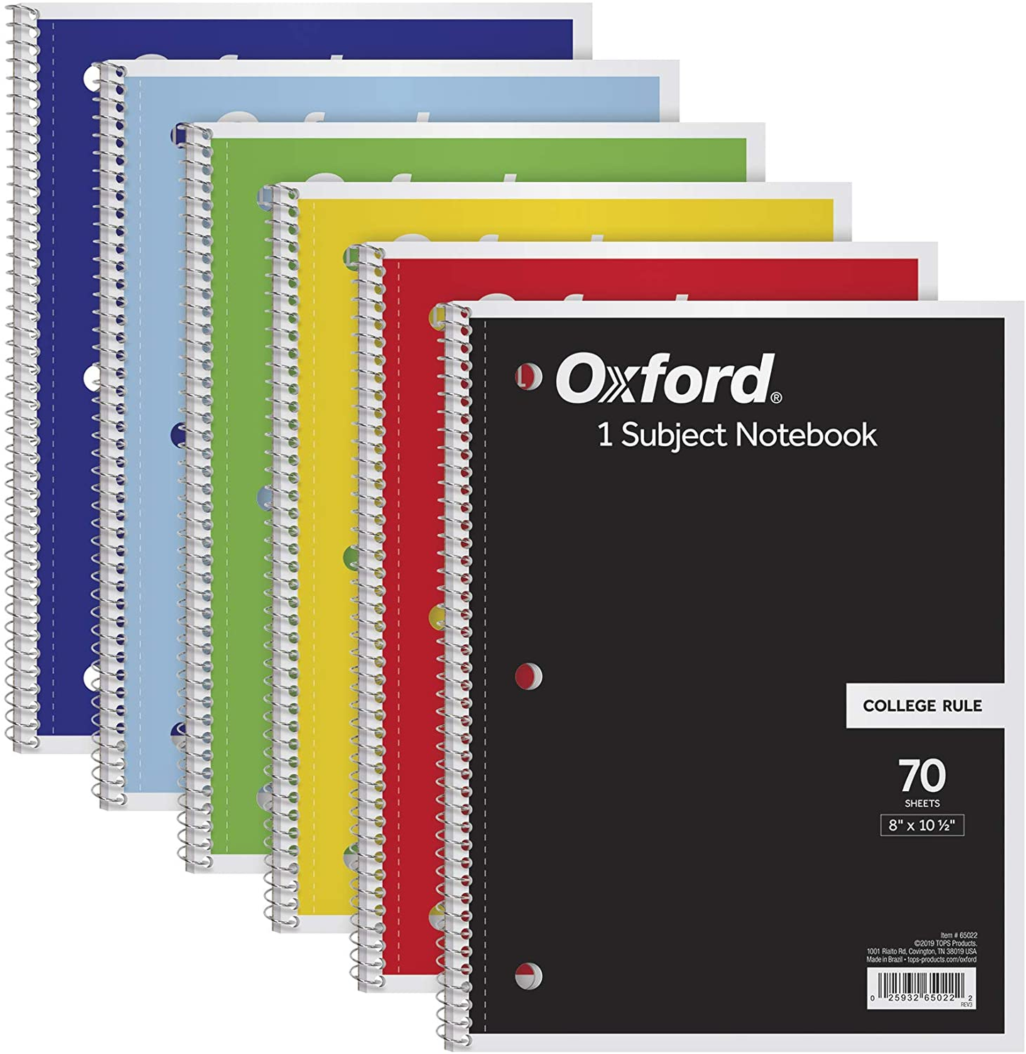 Oxford Spiral Notebook 6 Pack, 1 Subject, Collage/Wide Ruled Paper, 8 X 10-1/2 Inch, 70 Sheets