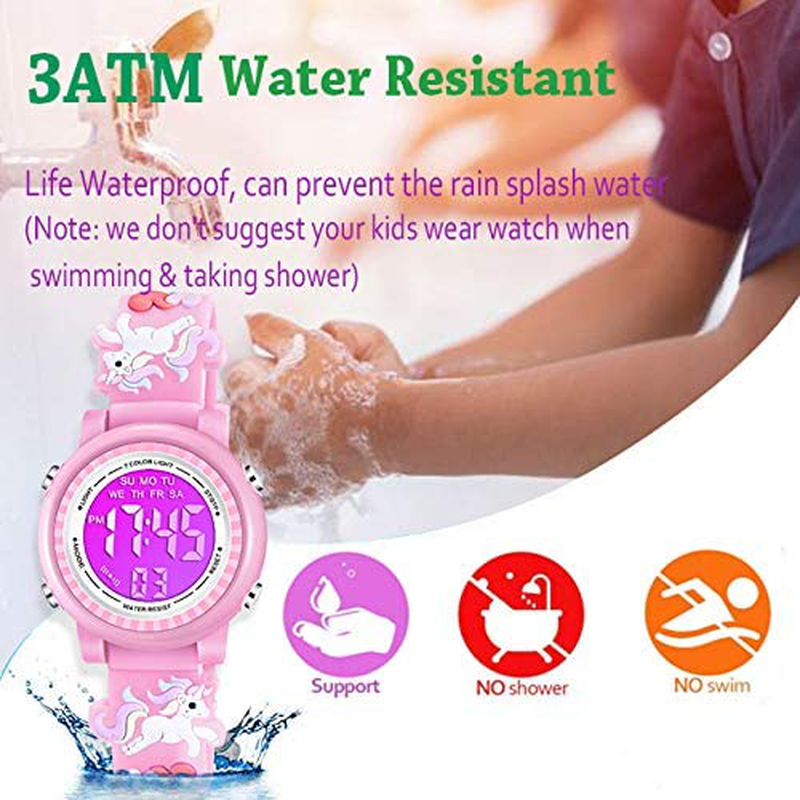 Venhoo Kids Watches 3D Cartoon Waterproof 7 Color Lights Toddler Wrist Digital Watch with Alarm Stopwatch for 3-10 Year Girls Little Child