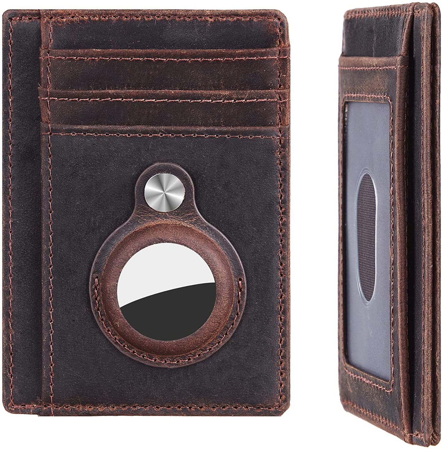 Hawanik Genuine Leather Slim Minimalist Front Pocket Wallet with Built-In Holder for Airtag