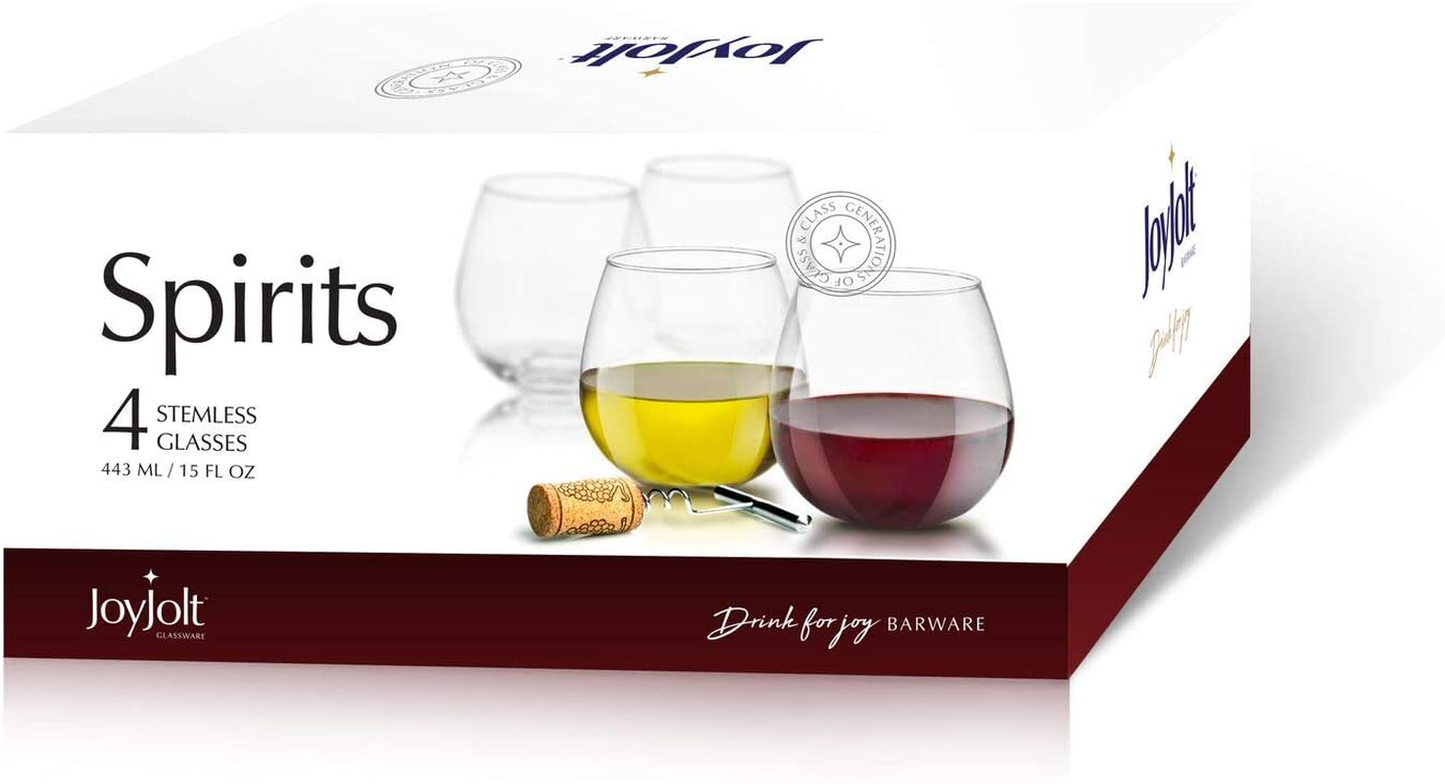 JoyJolt Spirits Stemless Wine Glasses for Red or White Wine (Set of 4)-15-Ounces