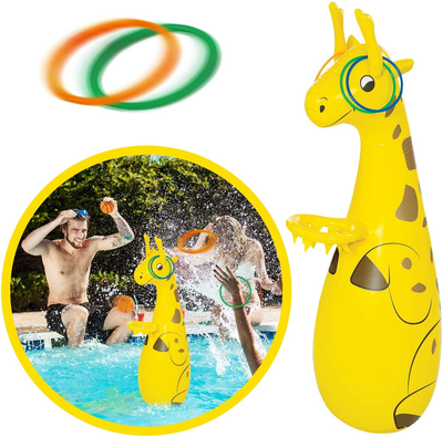 Inflatable Pool Basketball & Ring Toss Game - Large Poolside Giraffe Toy - Weighted Bottom for Stability - Playing Set with 4 Rings, 2 Basketballs - Indoor or Outdoor Party Supplies for Kids