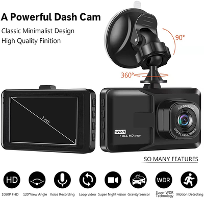Dash Cam Front 1080P FHD Car Dash Camera for Cars 3.0" LCD Dashcam with Night Vision, 120° Wide Angle, WDR, G-Sensor, Loop Recording, Motion Detection