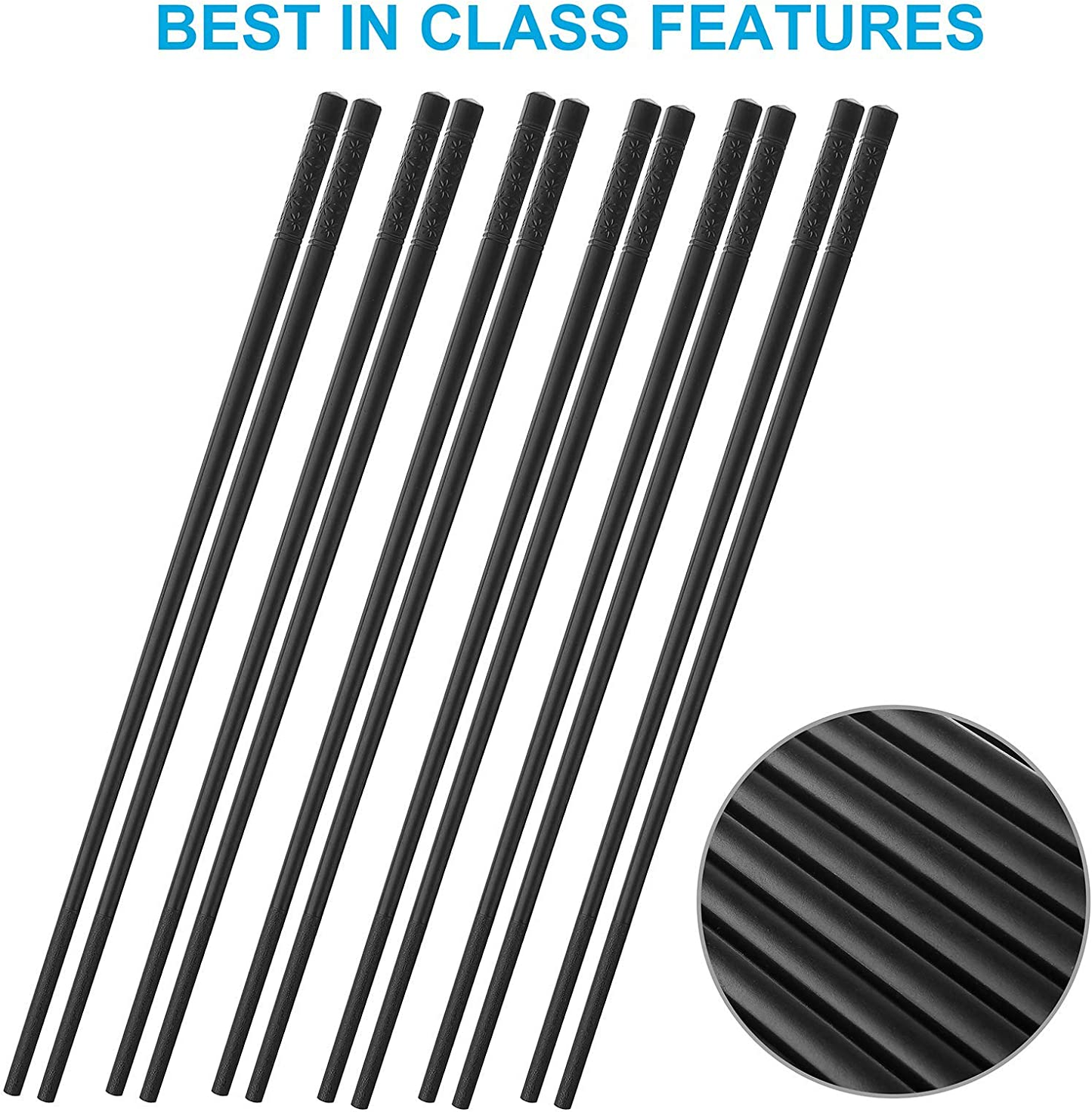 10 Pairs Fiberglass Chopsticks Family Set, ONEHERE Reusable Chinese, Japanese, Korean Chop Sticks, Dishwasher Safe, Non-Slip, for Sushi, Noodles, Food, Hotpot& Cooking, 10.63 Inches, Classic Black