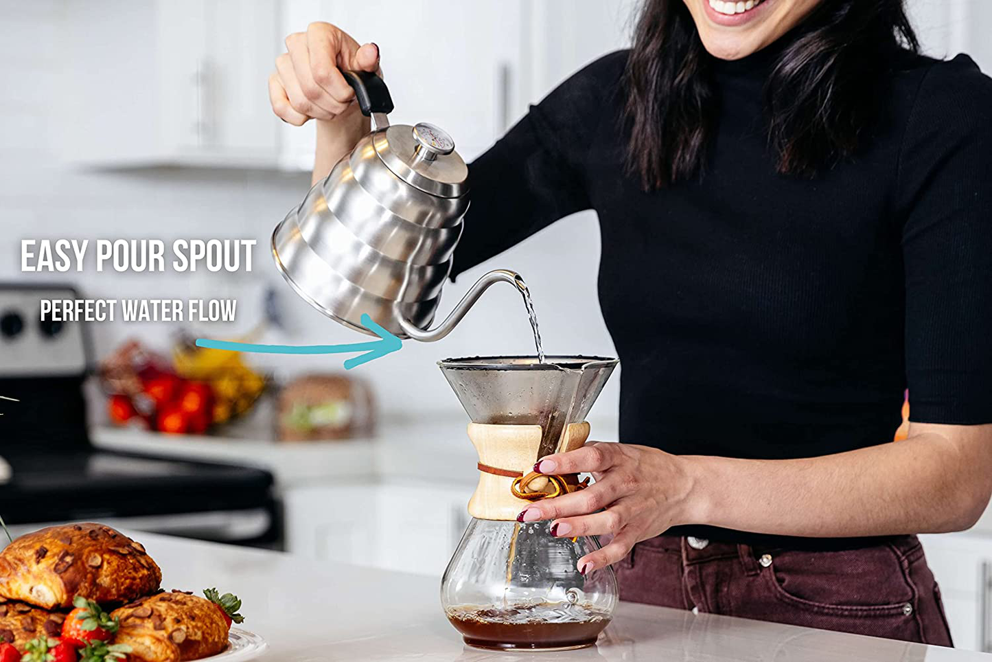 Barista Warrior Stainless Steel Pour over Coffee & Tea Kettle with Thermometer for Exact Temperature - Gooseneck Spout Pots - Kitchen Appliances & Dorm Essentials (Copper Coated, 1.2 Liter, 40 Fl Oz)