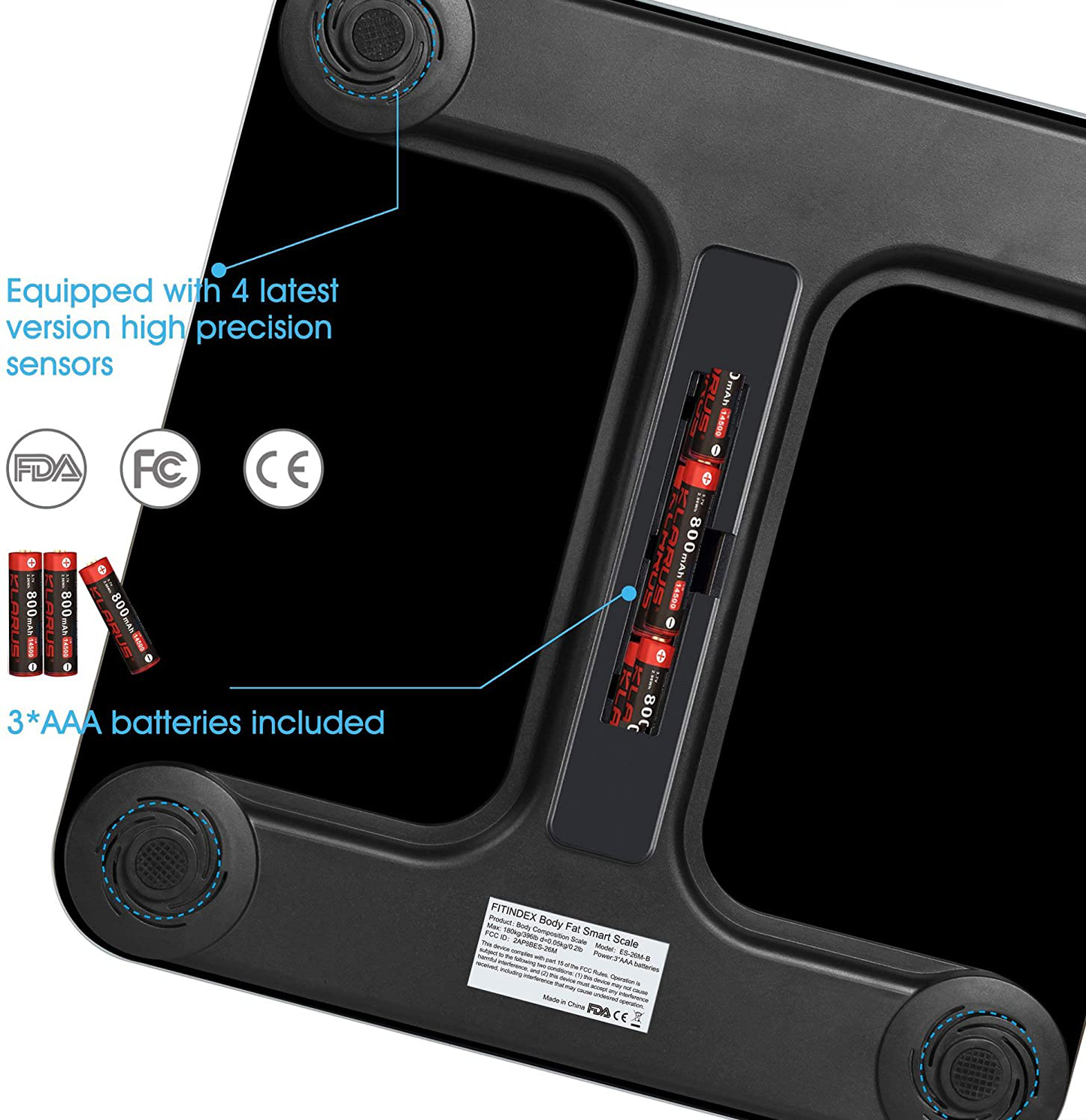 FITINDEX Bluetooth Body Fat Scale, Smart Wireless BMI Bathroom Weight Scale Body Composition Monitor Health Analyzer with Smartphone App