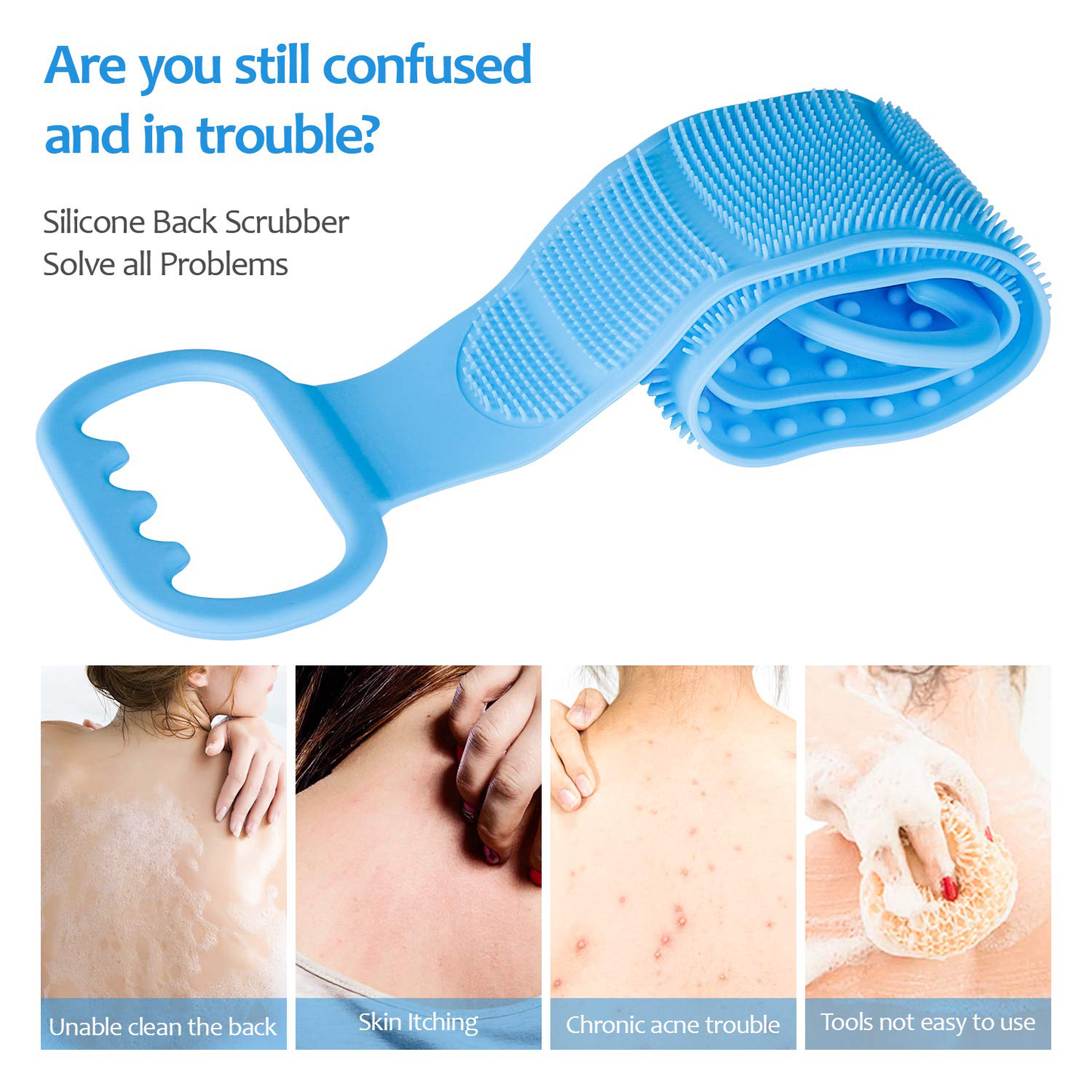 Back Scrubber, Silicone Back Scrubber for Shower, Long Exfoliating Bath Body Brush for Women, Easy to Clean, Improves Blood Circulation and Skin Health (Blue)