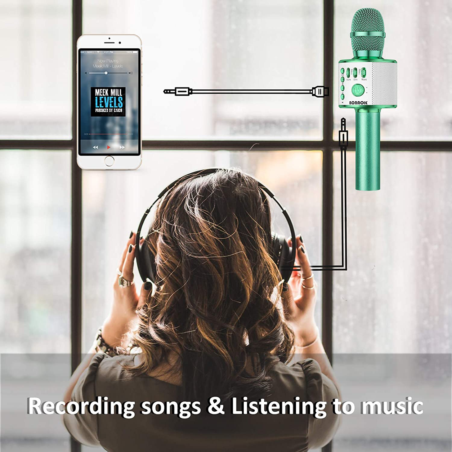 BONAOK Wireless Bluetooth Karaoke Microphone,3-in-1 Portable Handheld Karaoke Mic Speaker Machine Home Party Birthday for All Smartphones PC(Q37 Silver)