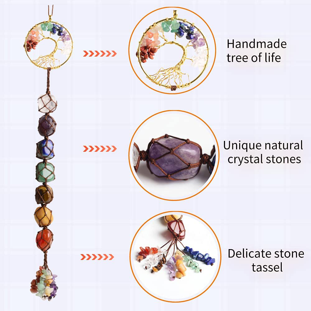 Tree of Life Chakra Stones Healing Crystals Feng Shui Hanging Ornament 7 Chakra Wall Ornament Meditation Hanging Ornament Window Ornament for Home Decor Party Decor
