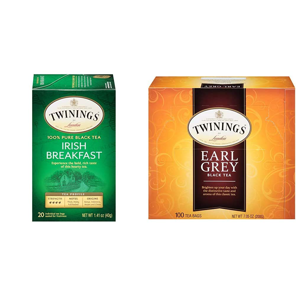 Twinings of London Irish Breakfast Black Tea Bags, 20 Count (Pack of 6) & Earl Grey Black Tea Bags, 100 Count (Pack of 1)