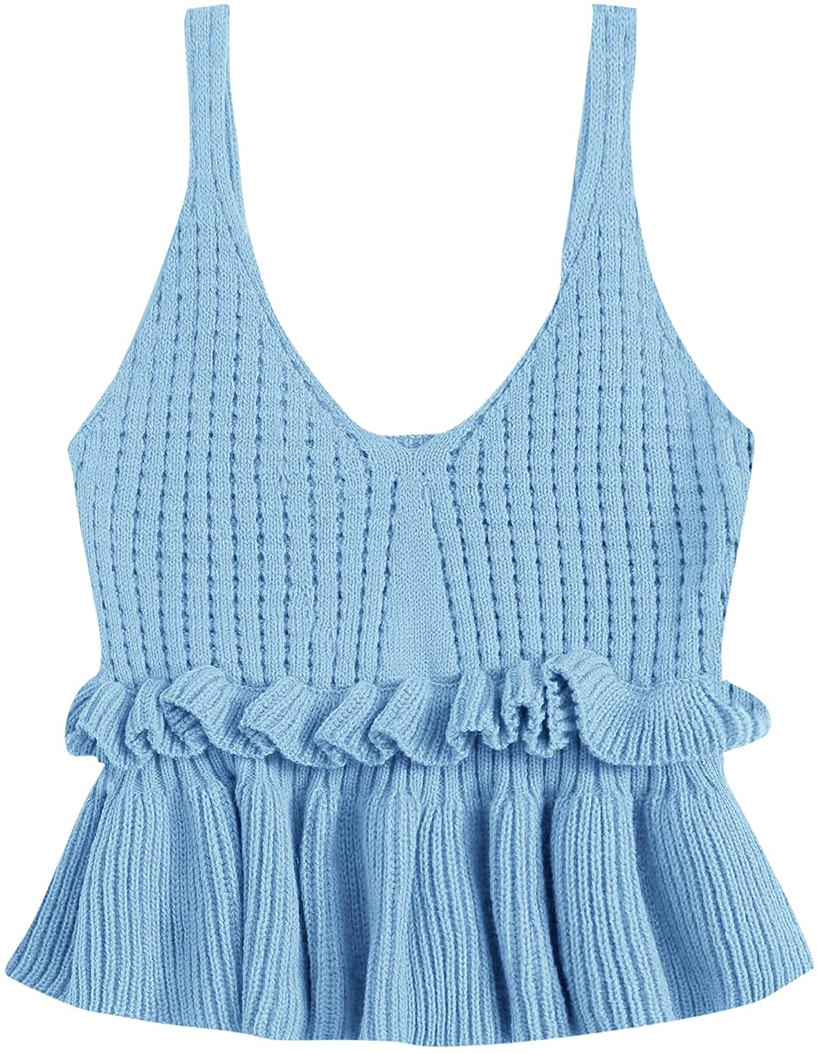SweatyRocks Women's Casual Knit Top Sleeveless Ruffle Hem V Neck Peplum Crop Tank Top