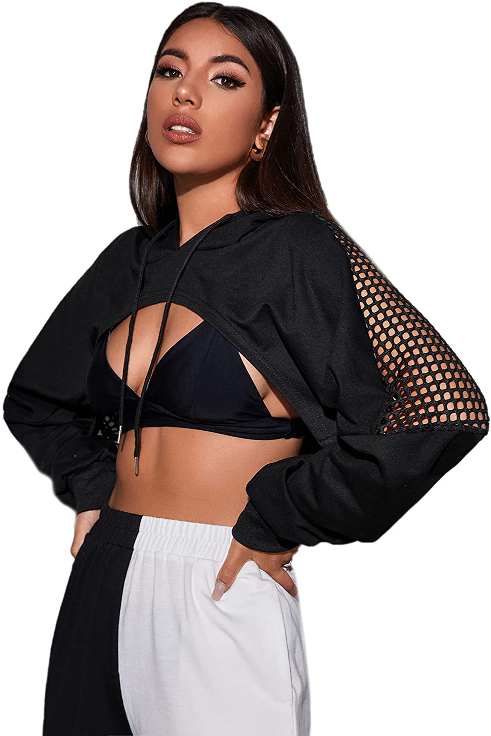 SweatyRocks Women's Casual Solid Cut Out Front Long Sleeve Pullover Crop  Top Sweatshirt