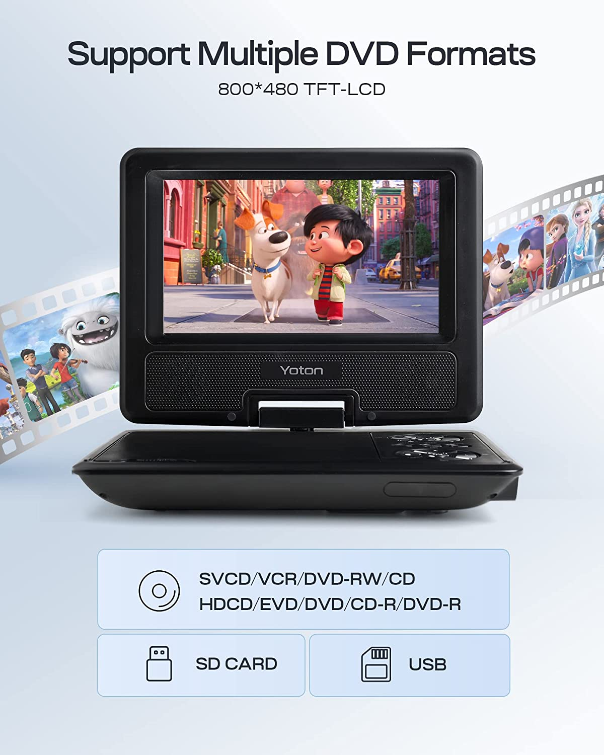 9.5" Portable DVD Player with 7.5" Swivel Screen, 4-6 Hours Built-In Battery, Support SD Card/Usb/Multiple Disc Formats, Support Sync Screen to TV, Projector