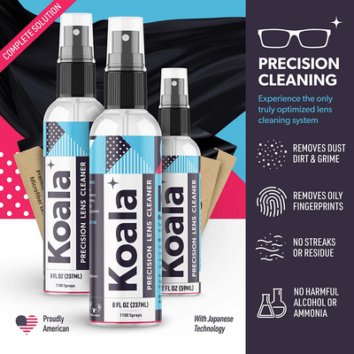Koala Eyeglass Lens Cleaner Spray Kit | American Made | 18 Ounces + 3 Koala Cloths | Streak and Alcohol Free | Carefully Engineered Glasses Cleaner | Safe for All Lenses