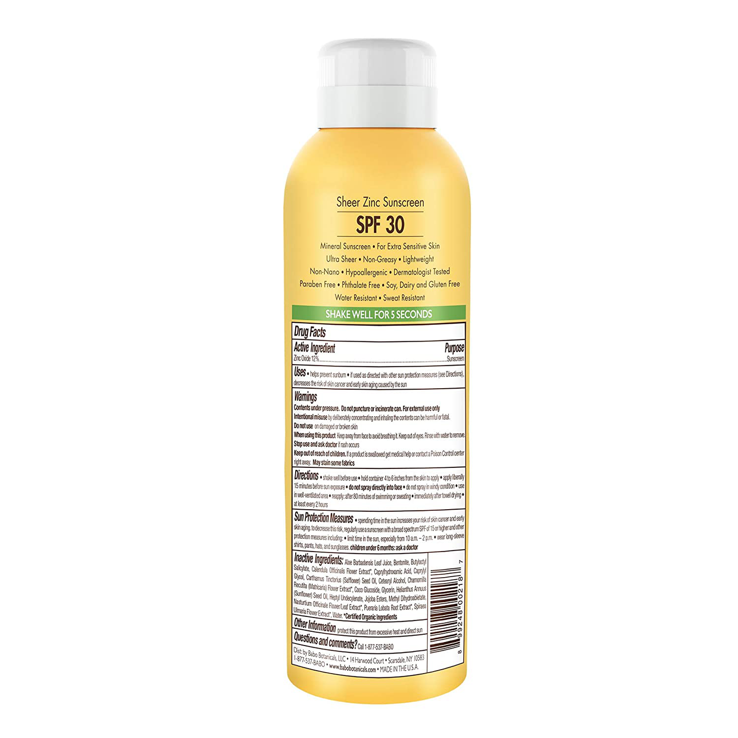 Babo Botanicals Sheer Zinc Continuous Spray Sunscreen SPF 30 with 100% Mineral Active, Non-Nano, Water-Resistant, Reef-Friendly, Fragrance-Free, Vegan, for Babies, Kids or Sensitive Skin - 6 oz.