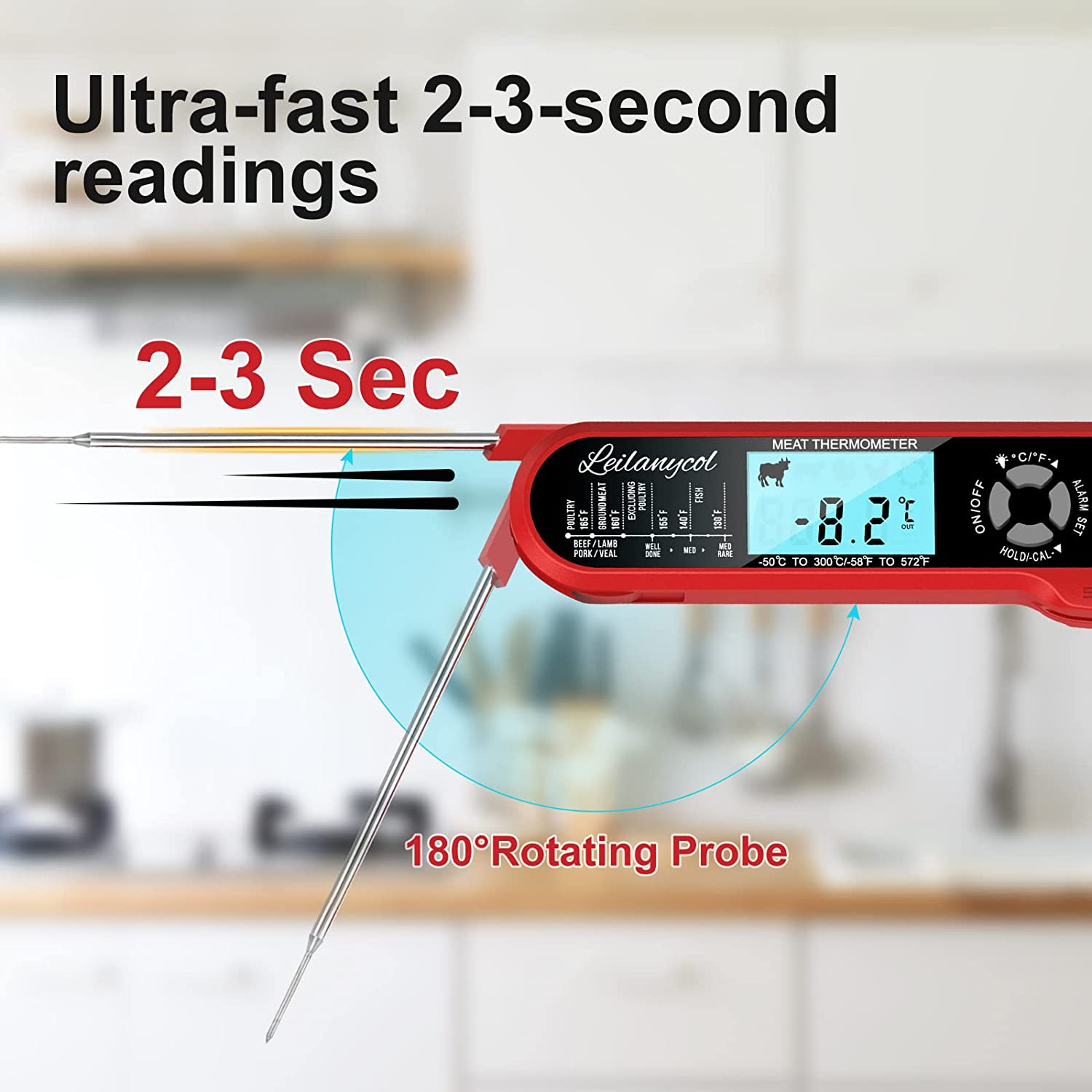 Instant Read Meat Thermometer for Cooking |Waterproof Dual Probe Meat Thermometer for Kitchen Oven Smoker Deep Fry Grill BBQ Candy Cooking with Backlight, Built-In Magnet, Temperature Alarm