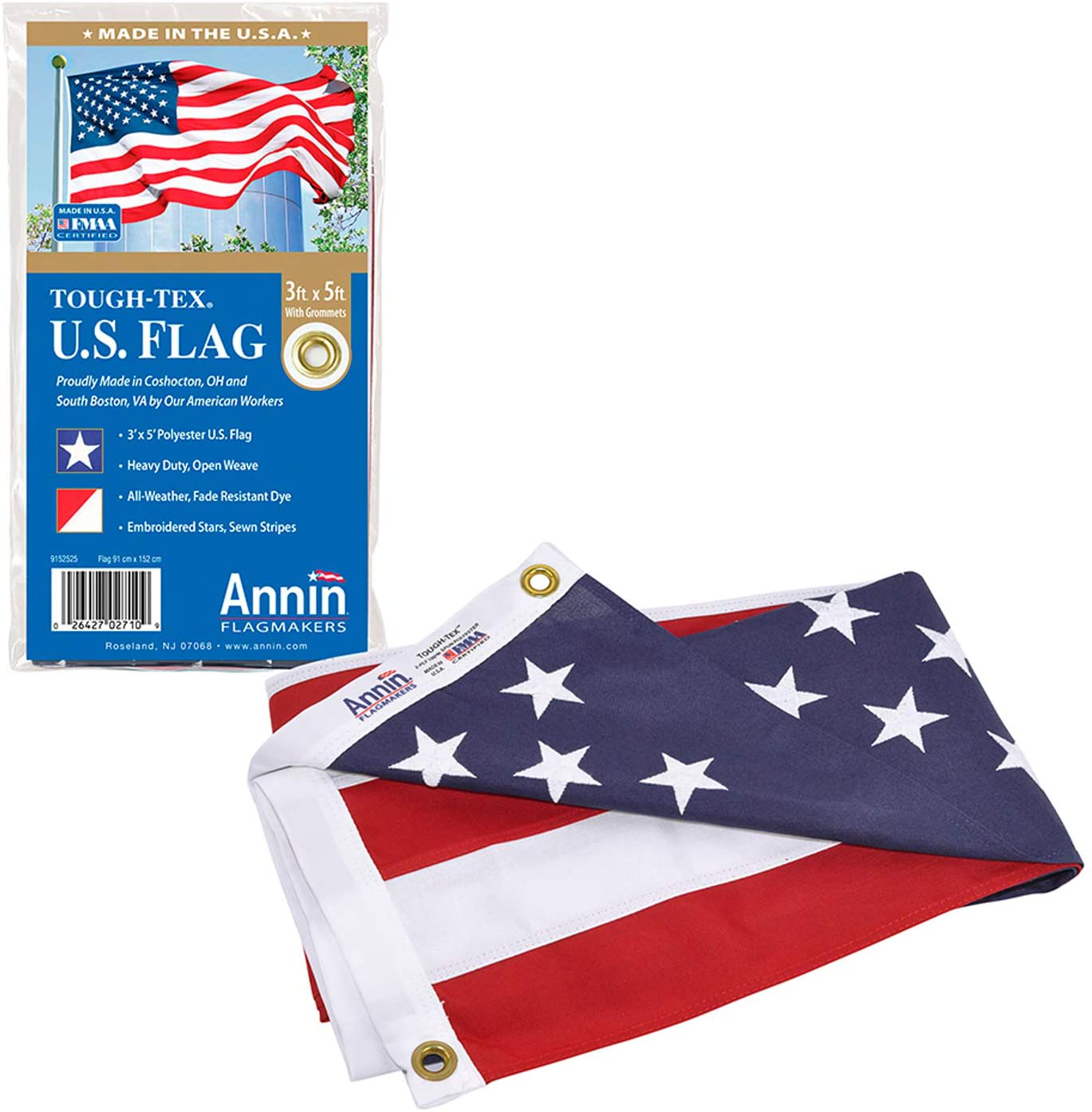 Annin Flagmakers Model 2710 American Flag Tough-Tex The Strongest, Longest Lasting, 3x5 ft, 100% Made in USA with Sewn Stripes, Embroidered Stars and Brass Grommets
