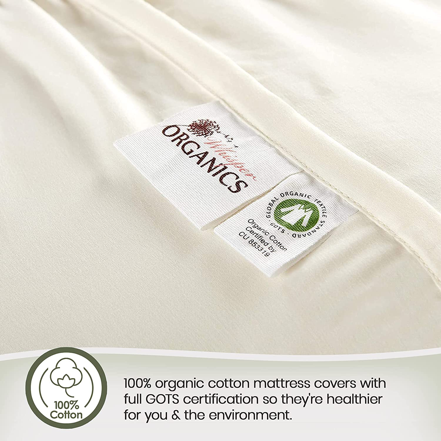 Whisper Organics, 100% Organic Mattress Protector - Quilted Fitted Mattress Pad Cover, GOTS Certified Breathable Mattress Protector - Ivory Color, 17" Deep Pocket (Queen Size Bed)