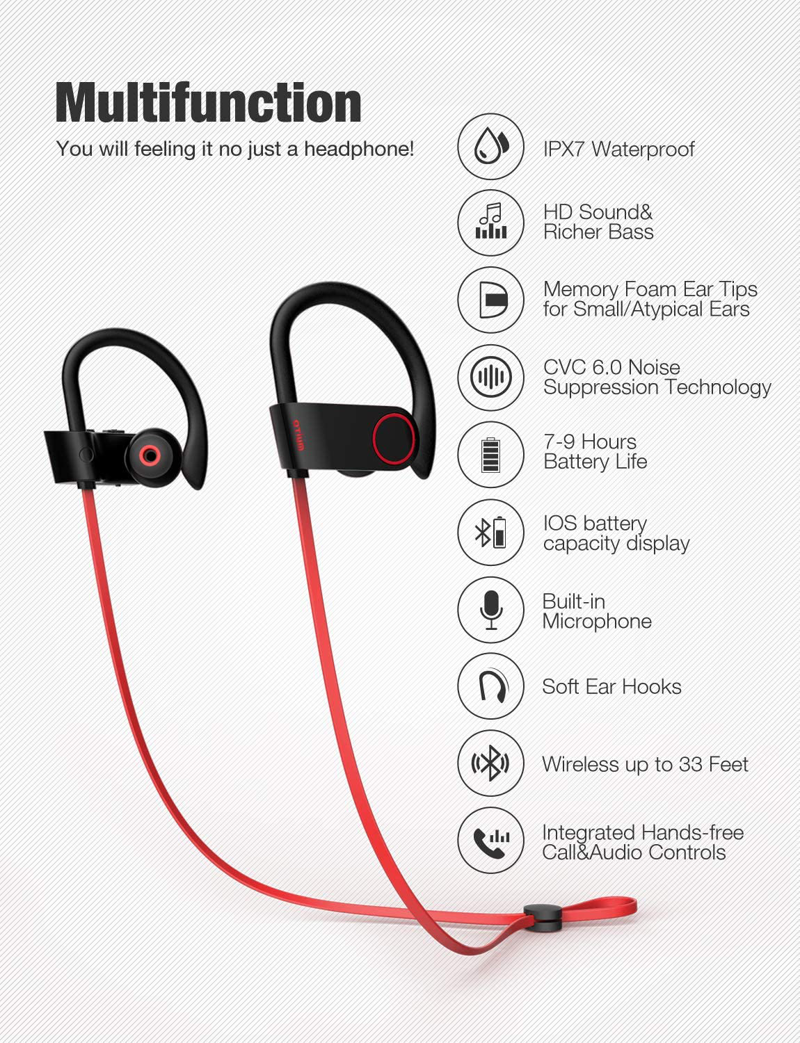 Otium Bluetooth Headphones,Wireless Earbuds IPX7 Waterproof Sports Earphones with Mic HD Stereo Sweatproof in-Ear Earbuds Gym Running Workout 8 Hour Battery Noise Cancelling Headsets