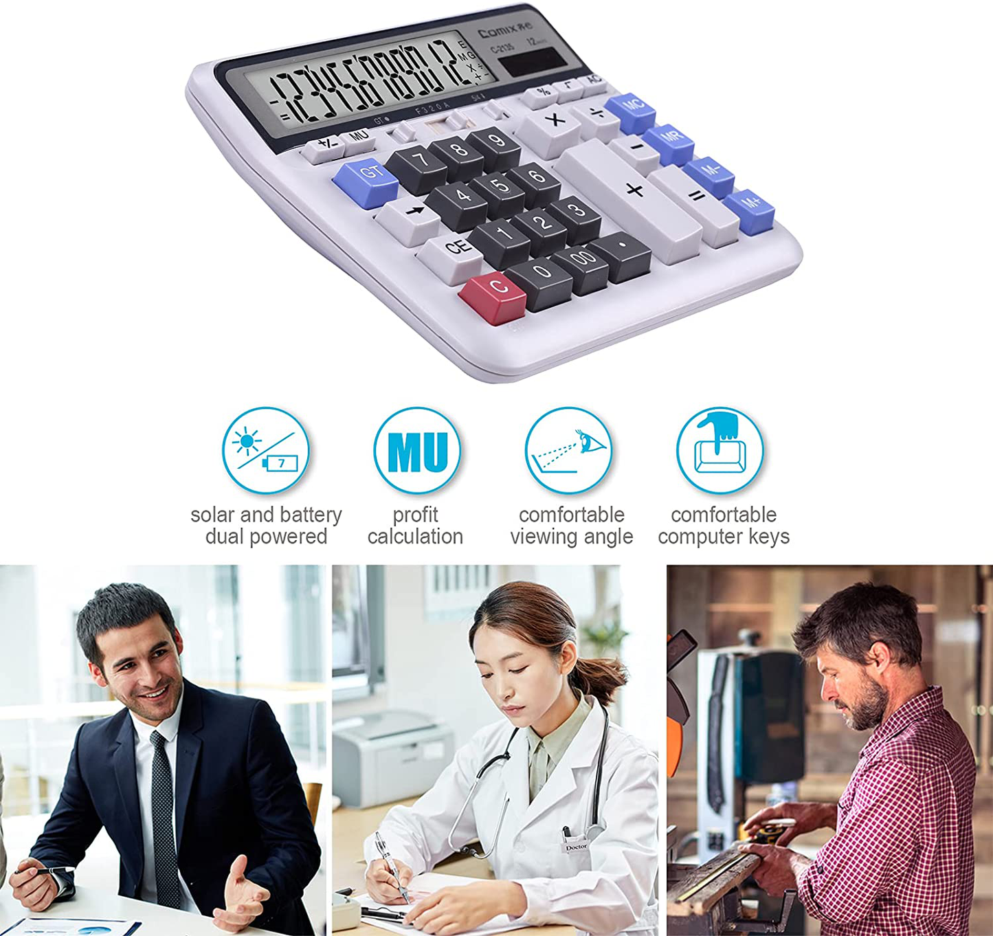 Comix Desktop Calculator Solar Battery Dual Power with 12-Digit Large LCD Display and Large Computer Keys Office Calculator for Home Office School