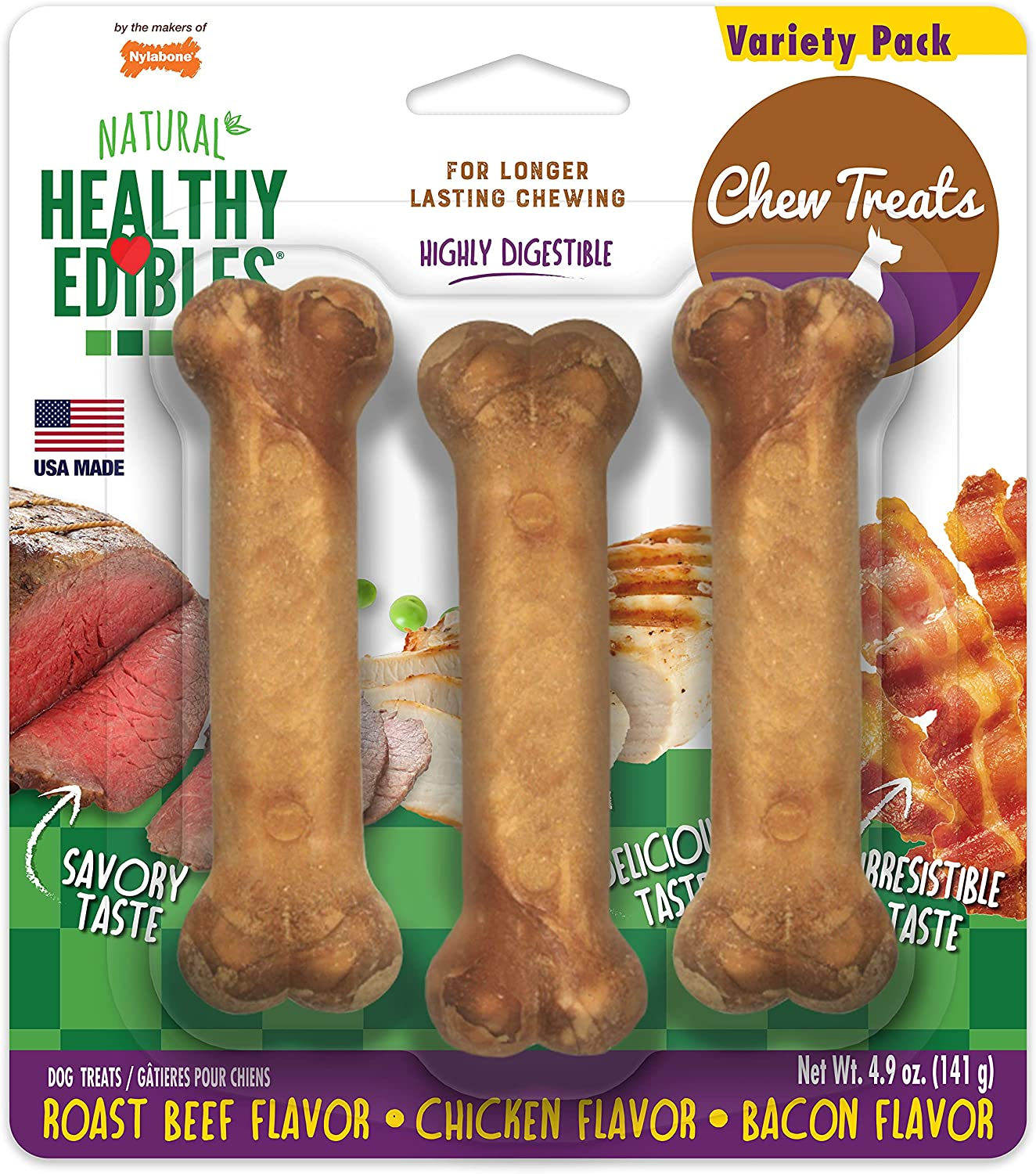 Nylabone Healthy Edibles All-Natural Long Lasting Bacon Flavor Chew Treats 3 Count Bacon Small/Regular