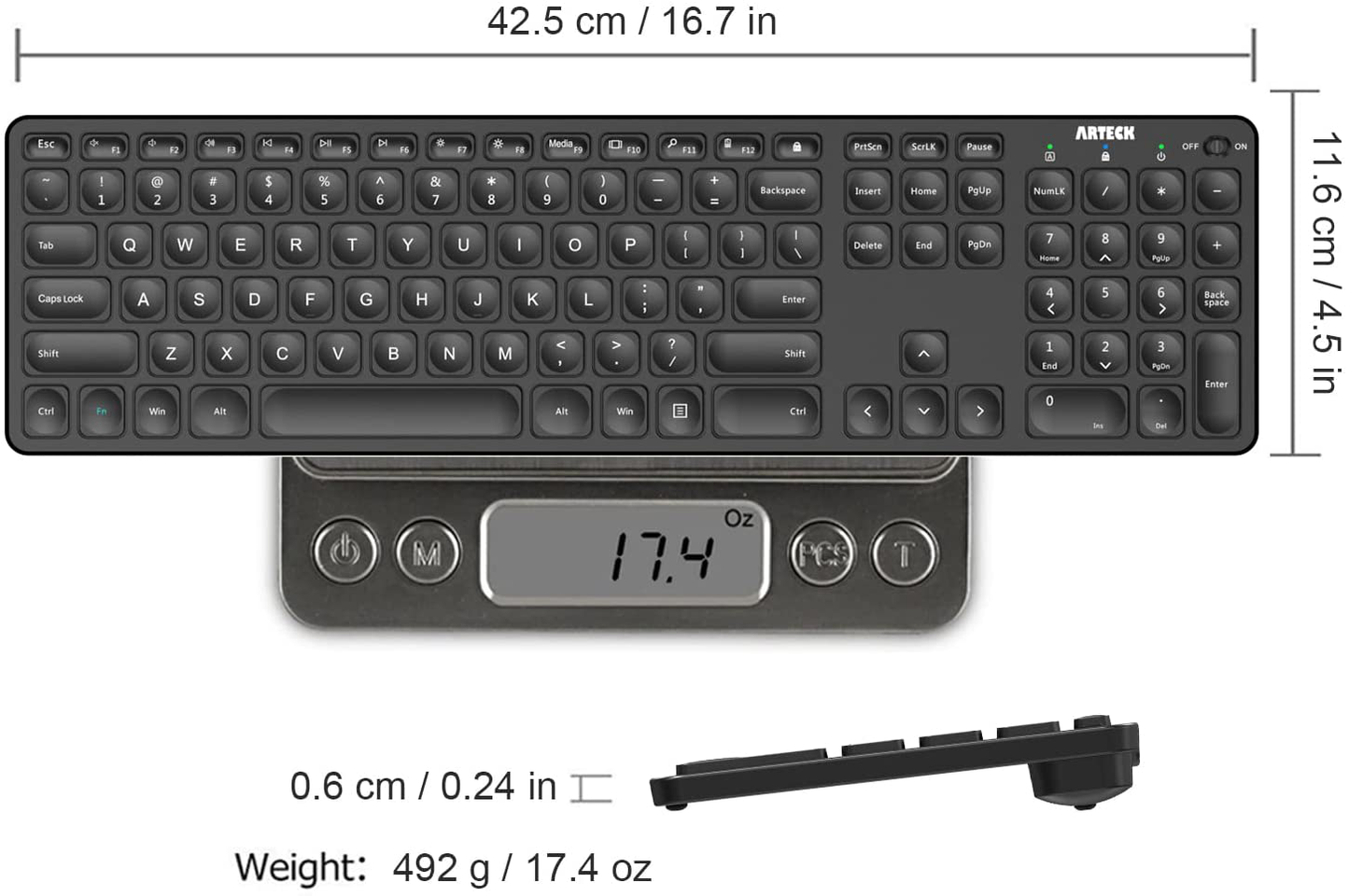 Arteck 2.4G Wireless Keyboard Ultra Slim Full Size Keyboard with Numeric Keypad and Media Hotkey for Computer/Desktop/Pc/Laptop/Surface/Smart TV and Windows 10/8/ 7 Built-In Rechargeable Battery
