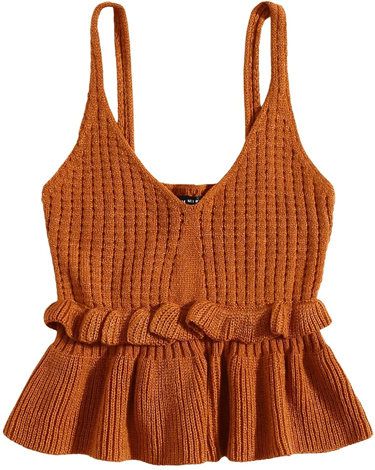 SweatyRocks Women's Casual Knit Top Sleeveless Ruffle Hem V Neck Peplum Crop Tank Top