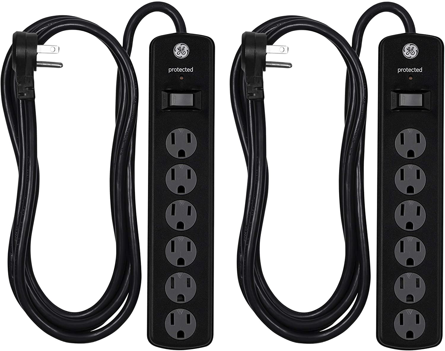 GE 6 Outlet Surge Protector, 10 Ft Extension Cord, Power Strip, 800 Joules, Flat Plug, Twist-to-Close Safety Covers, White, 14092