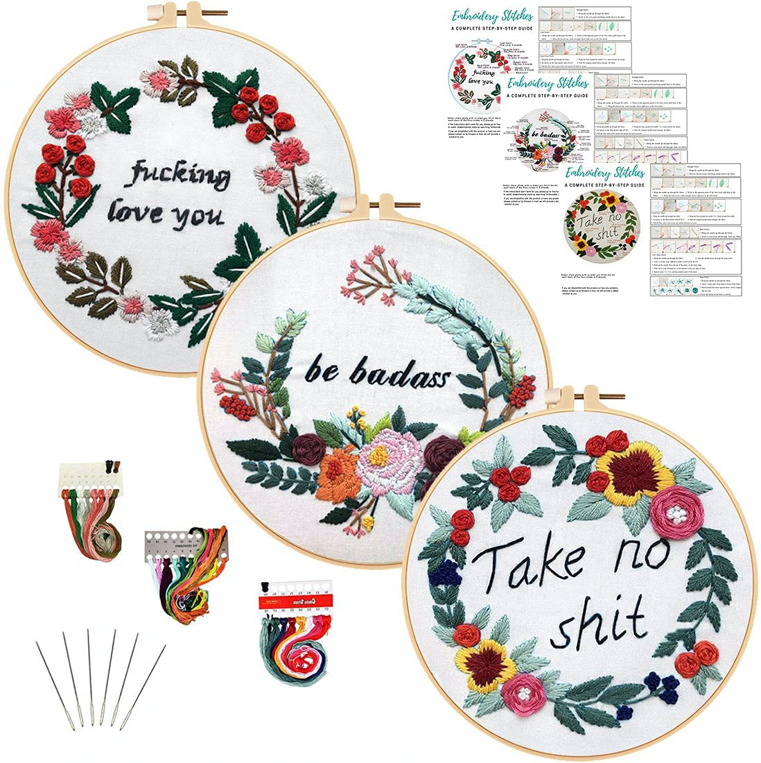 Louise Maelys Embroidery Kit for Beginners with 3 Embroidery Hoops Cross Stitch Needlepoint Kit Funny Starter Kit