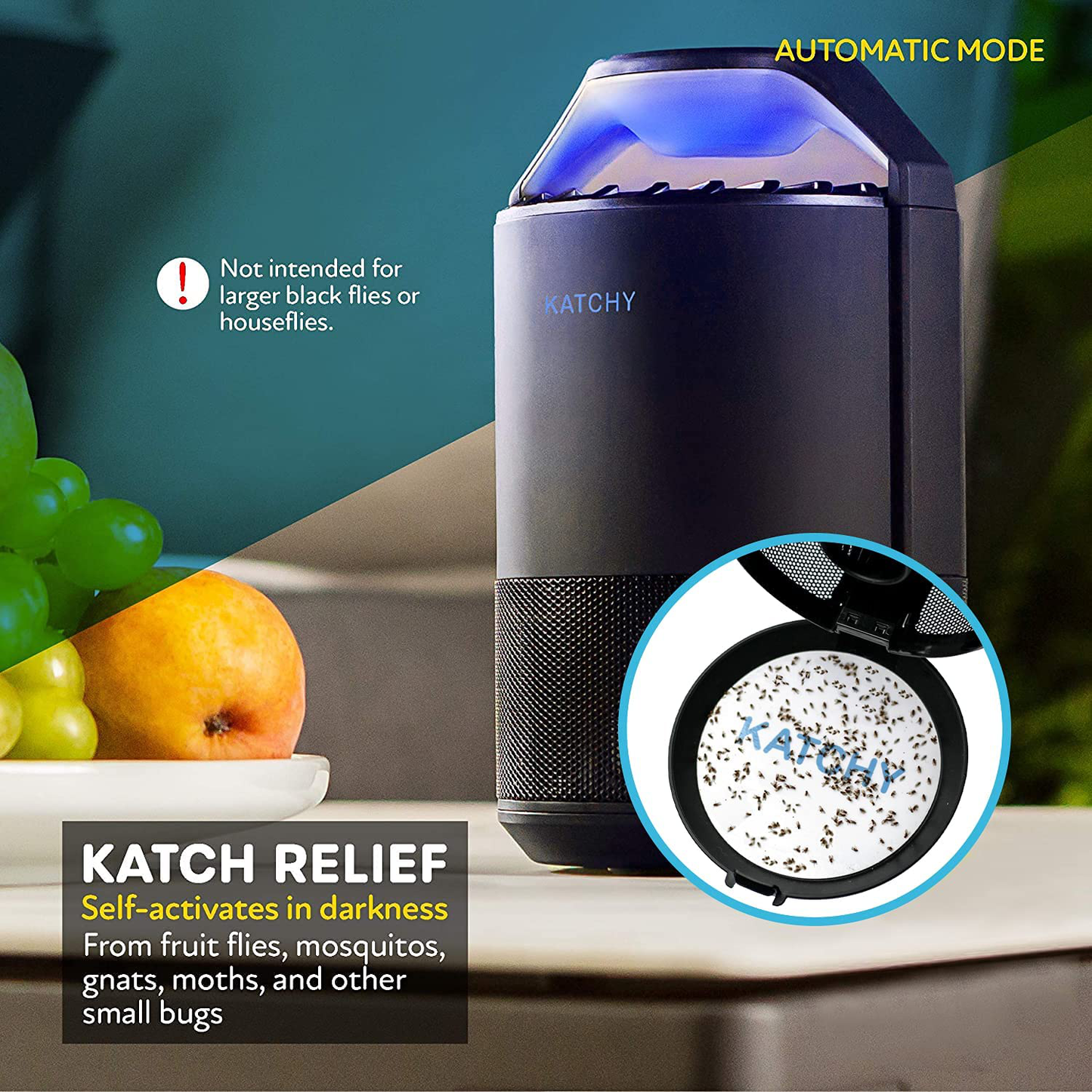 KATCHY Automatic Indoor Insect and Flying Bugs Trap, Fruit Fly Gnat Mosquito Killer with UV Light Fan, Sticky Glue Boards, No Zapper, Light Sensor (Black)